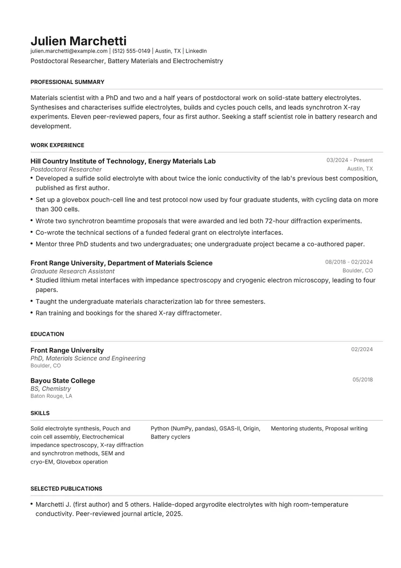 Postdoctoral Researcher resume template sample in Henrietta, page 1: fictional Postdoctoral Researcher, Battery Materials and Electrochemistry