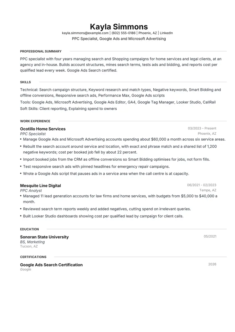 PPC Specialist resume template sample in Meridian, page 1: fictional PPC Specialist, Google Ads and Microsoft Advertising
