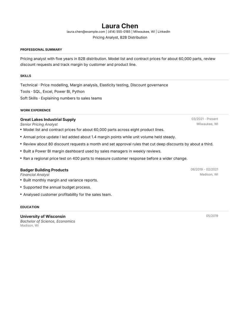 Pricing Analyst resume template sample in FAANGPath, page 1: fictional Pricing Analyst, B2B Distribution