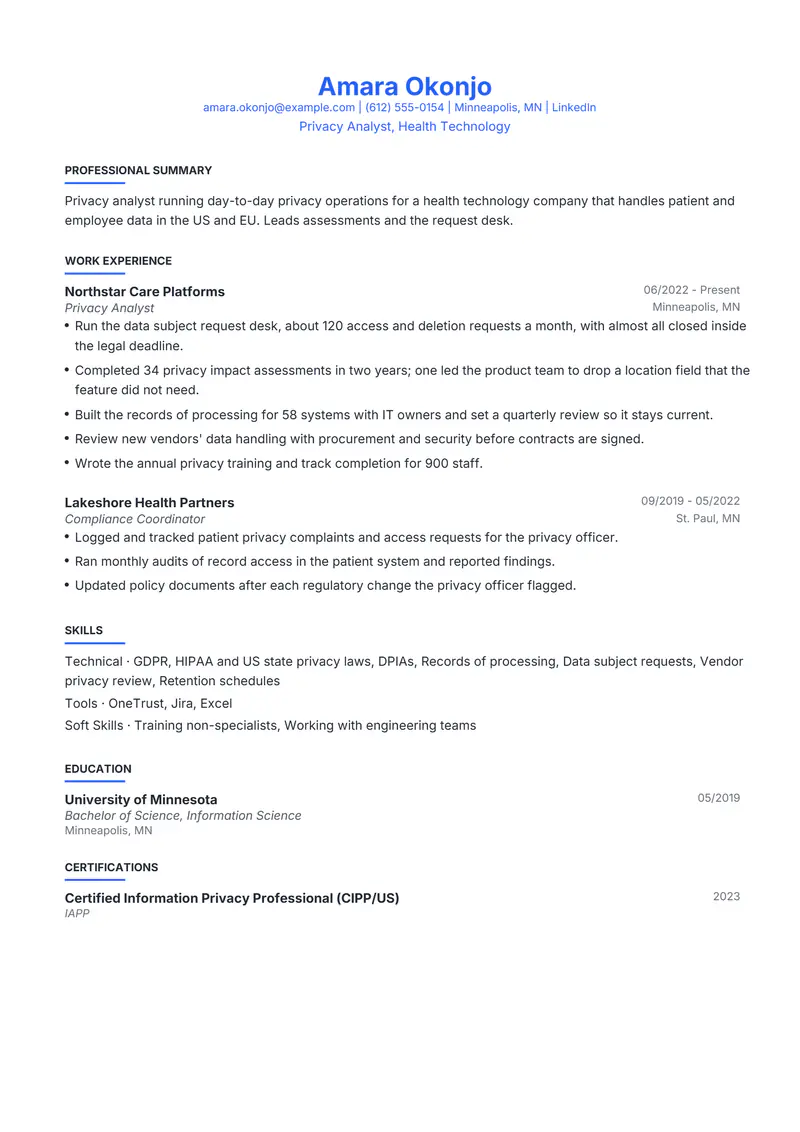 Privacy Analyst resume template sample in Leslie, page 1: fictional Privacy Analyst, Health Technology
