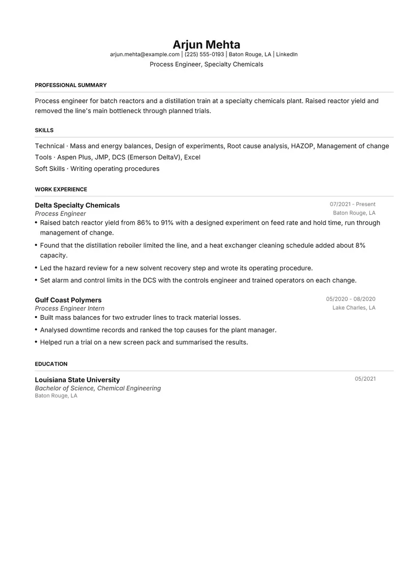 Process Engineer resume template sample in FAANGPath, page 1: fictional Process Engineer, Specialty Chemicals