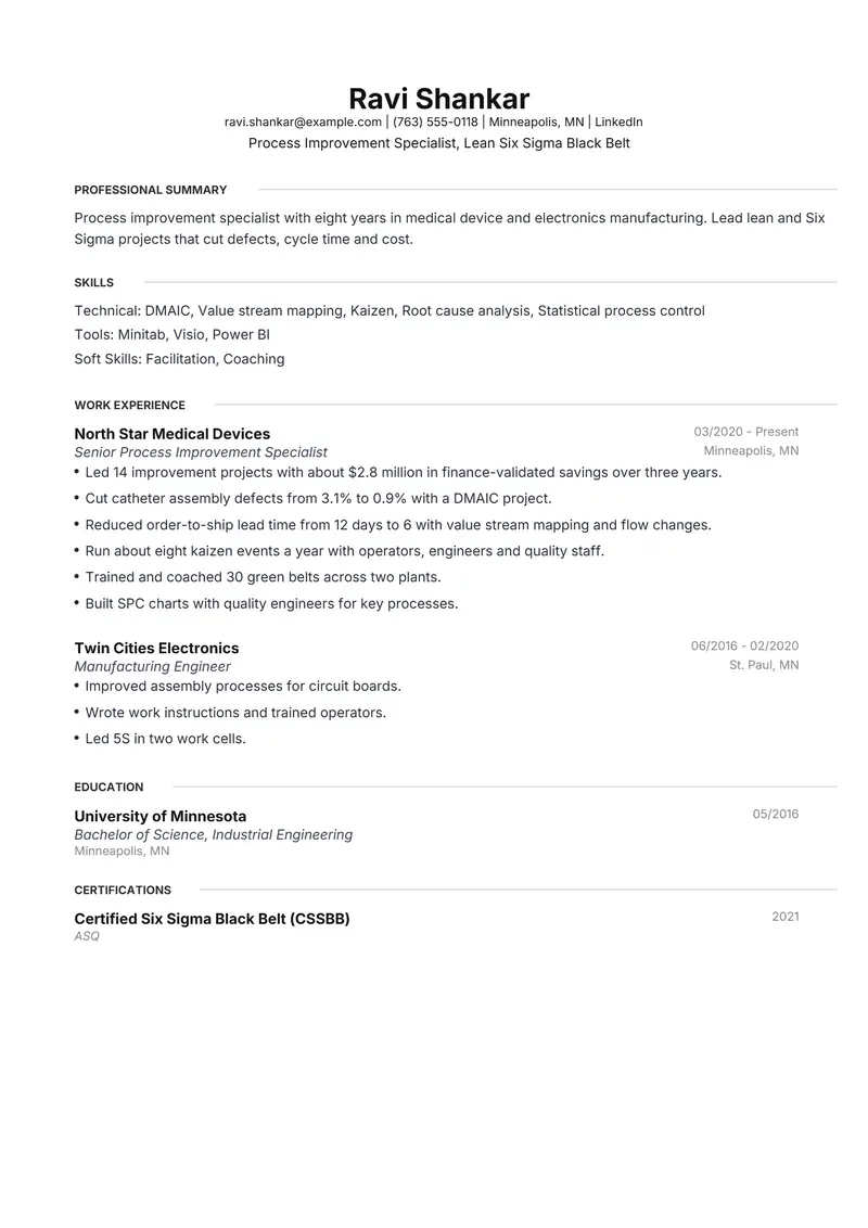 Process Improvement Specialist resume template sample in Meridian, page 1: fictional Process Improvement Specialist, Lean Six Sigma Black Belt