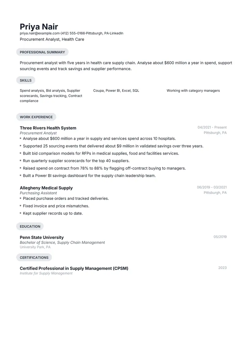 Procurement Analyst resume template sample in Daniel, page 1: fictional Procurement Analyst, Health Care