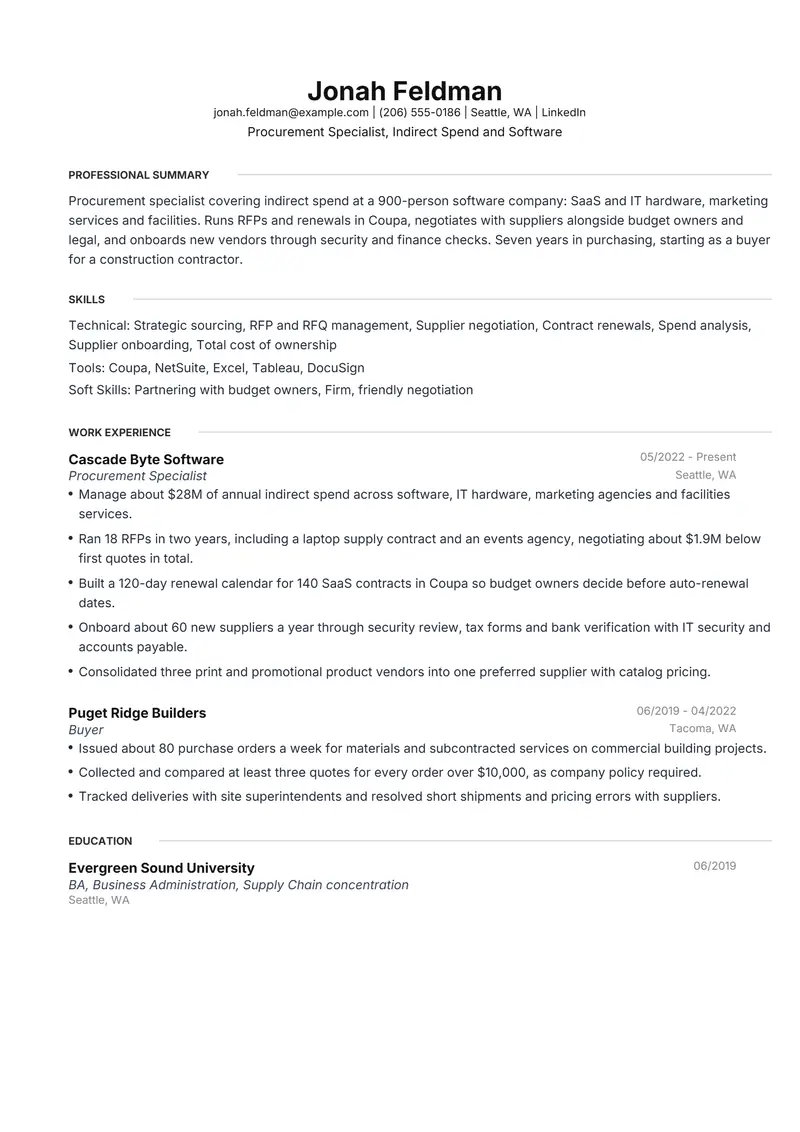 Procurement Specialist resume template sample in Meridian, page 1: fictional Procurement Specialist, Indirect Spend and Software