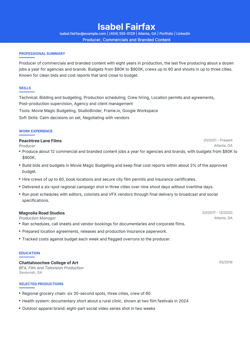 Producer resume template sample in Olivia, page 1: fictional Producer, Commercials and Branded Content
