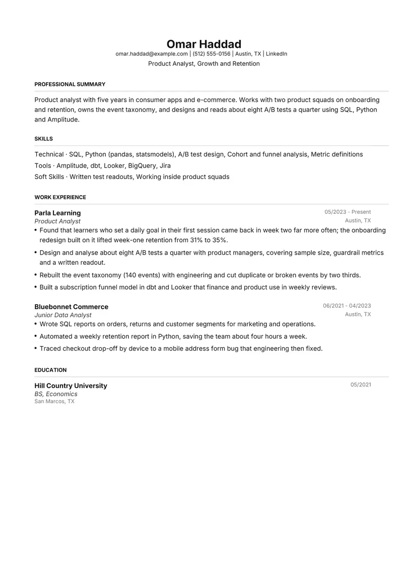 Product Analyst resume template sample in FAANGPath, page 1: fictional Product Analyst, Growth and Retention