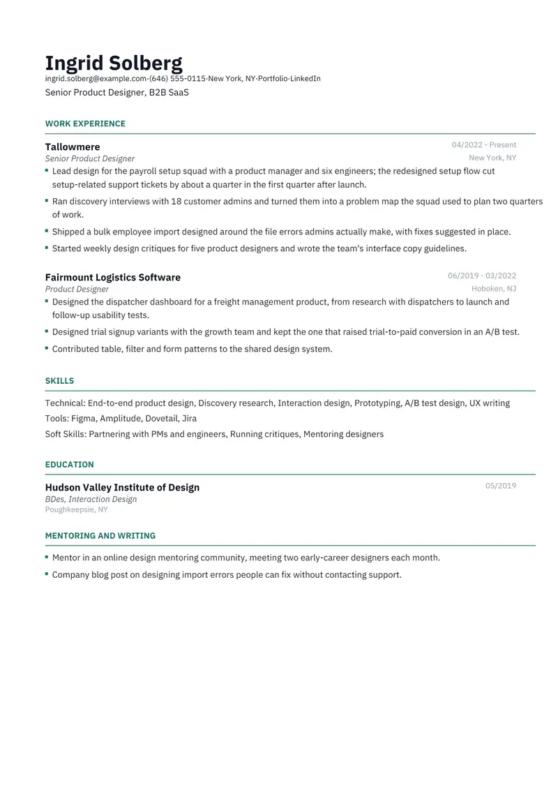 Product Designer resume template sample in Catalyst, page 1: fictional Senior Product Designer, B2B SaaS