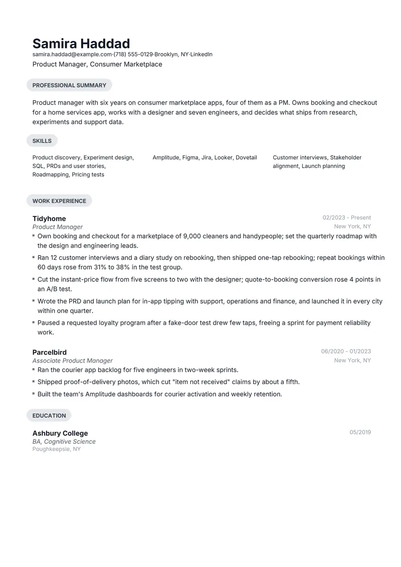 Product Manager resume template sample in Daniel, page 1: fictional Product Manager, Consumer Marketplace