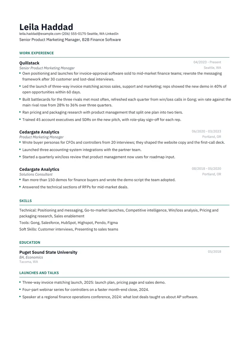 Product Marketing Manager resume template sample in Catalyst, page 1: fictional Senior Product Marketing Manager, B2B Finance Software