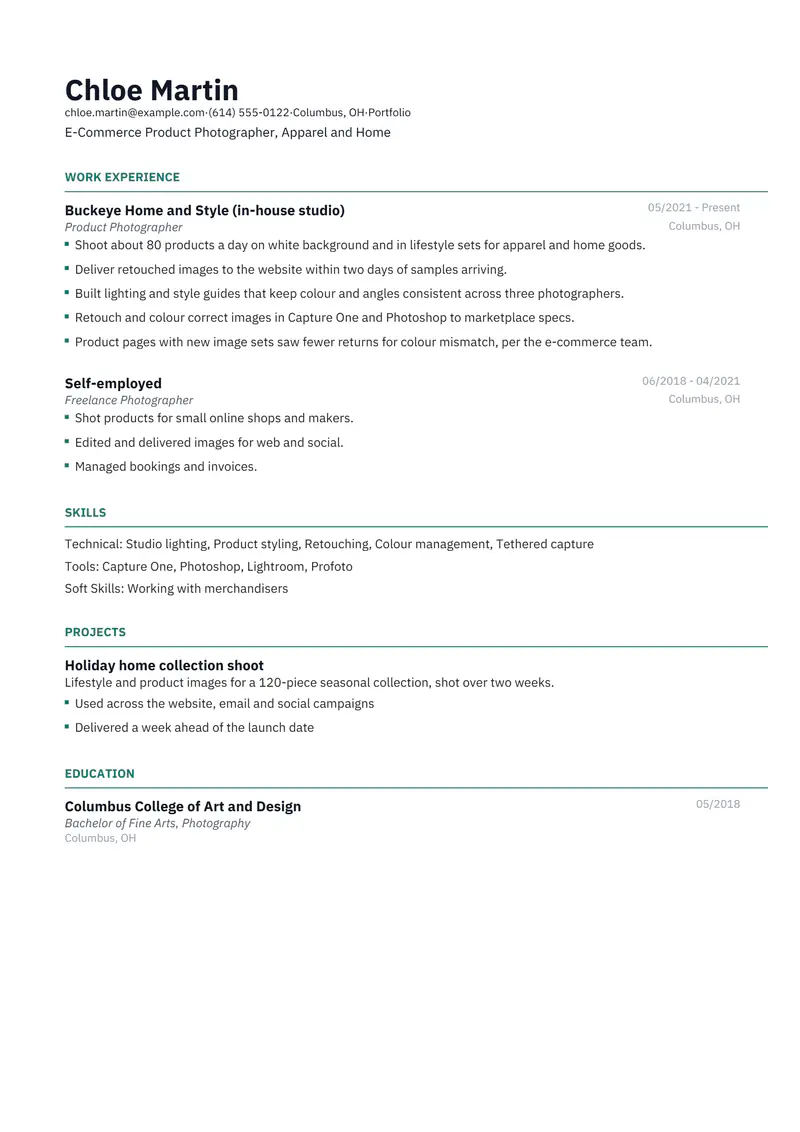 Product Photographer resume template sample in Catalyst, page 1: fictional E-Commerce Product Photographer, Apparel and Home