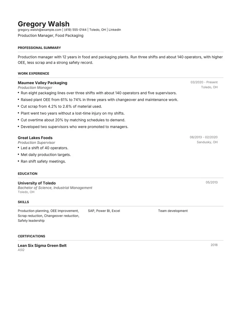 Production Manager resume template sample in Henrietta, page 1: fictional Production Manager, Food Packaging