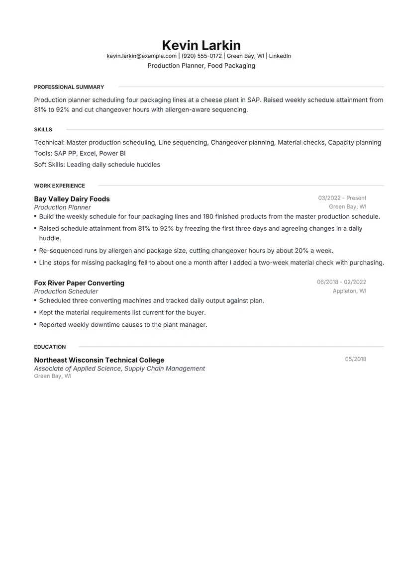 Production Planner resume template sample in Meridian, page 1: fictional Production Planner, Food Packaging