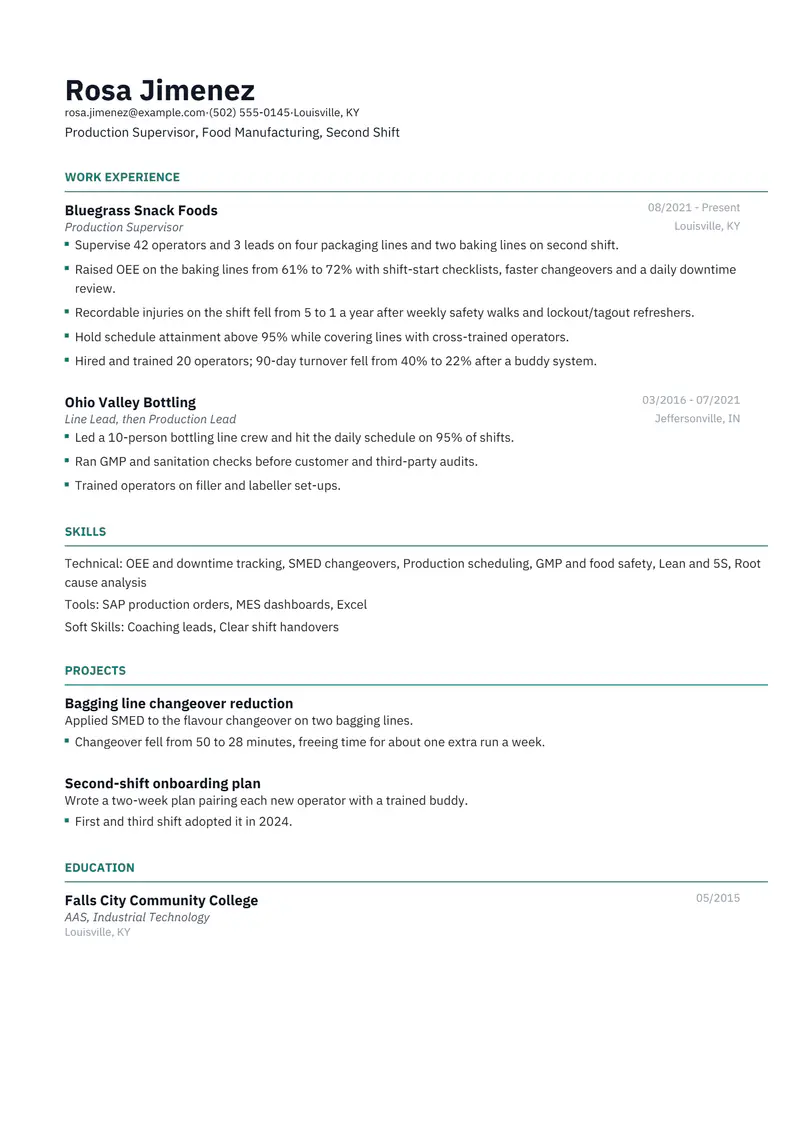 Production Supervisor resume template sample in Catalyst, page 1: fictional Production Supervisor, Food Manufacturing, Second Shift