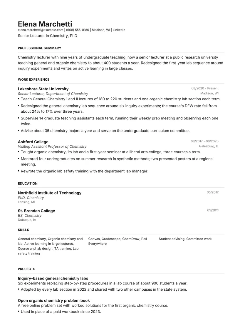 Professor resume template sample in Henrietta, page 1: fictional Senior Lecturer in Chemistry, PhD