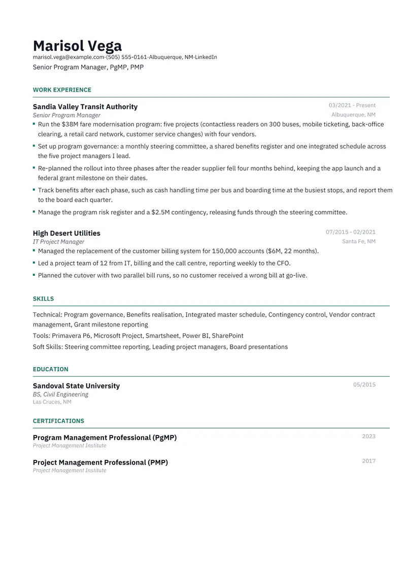 Program Manager resume template sample in Catalyst, page 1: fictional Senior Program Manager, PgMP, PMP