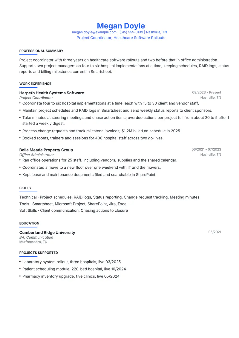 Project Coordinator resume template sample in Leslie, page 1: fictional Project Coordinator, Healthcare Software Rollouts