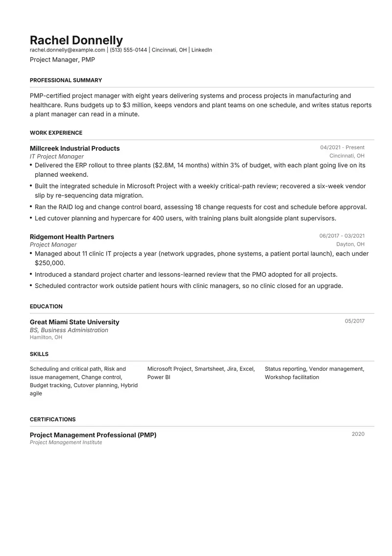 Project Manager resume template sample in Henrietta, page 1: fictional Project Manager, PMP