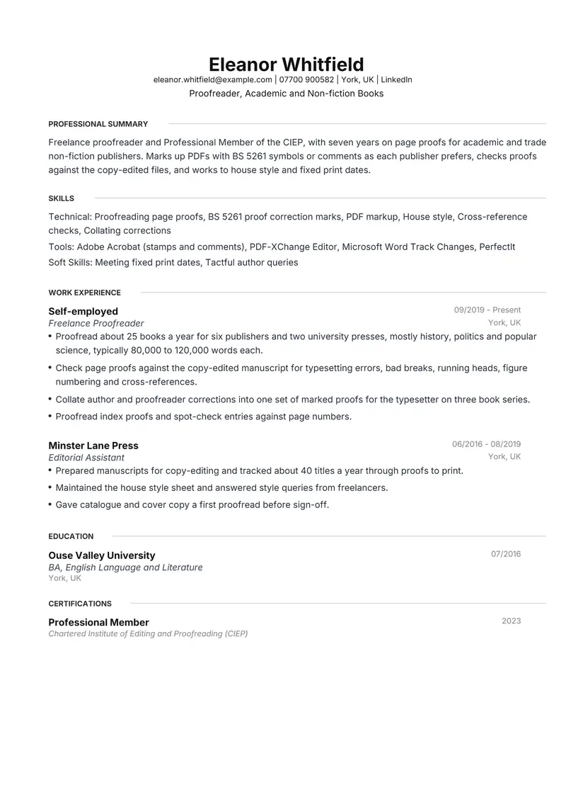 Proofreader resume template sample in Meridian, page 1: fictional Proofreader, Academic and Non-fiction Books