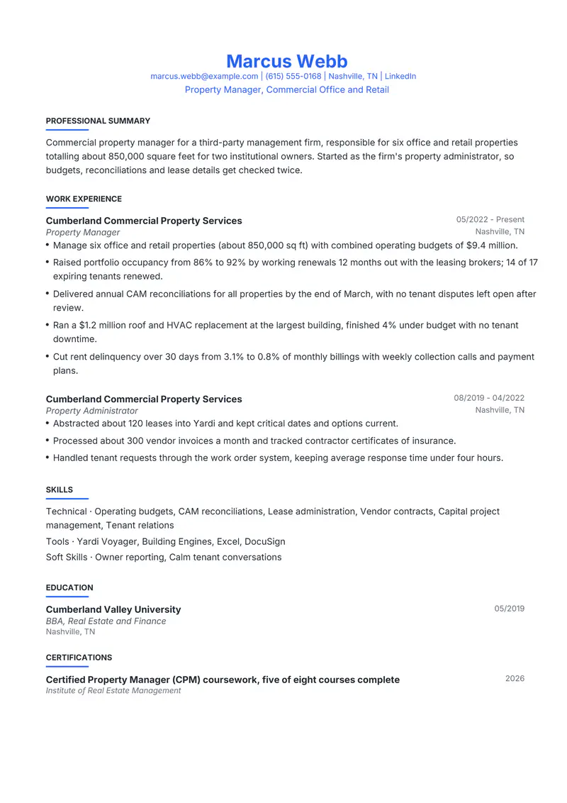 Property Manager resume template sample in Leslie, page 1: fictional Property Manager, Commercial Office and Retail