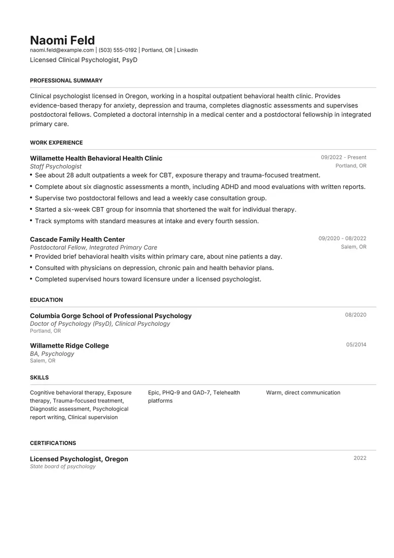 Psychologist resume template sample in Henrietta, page 1: fictional Licensed Clinical Psychologist, PsyD