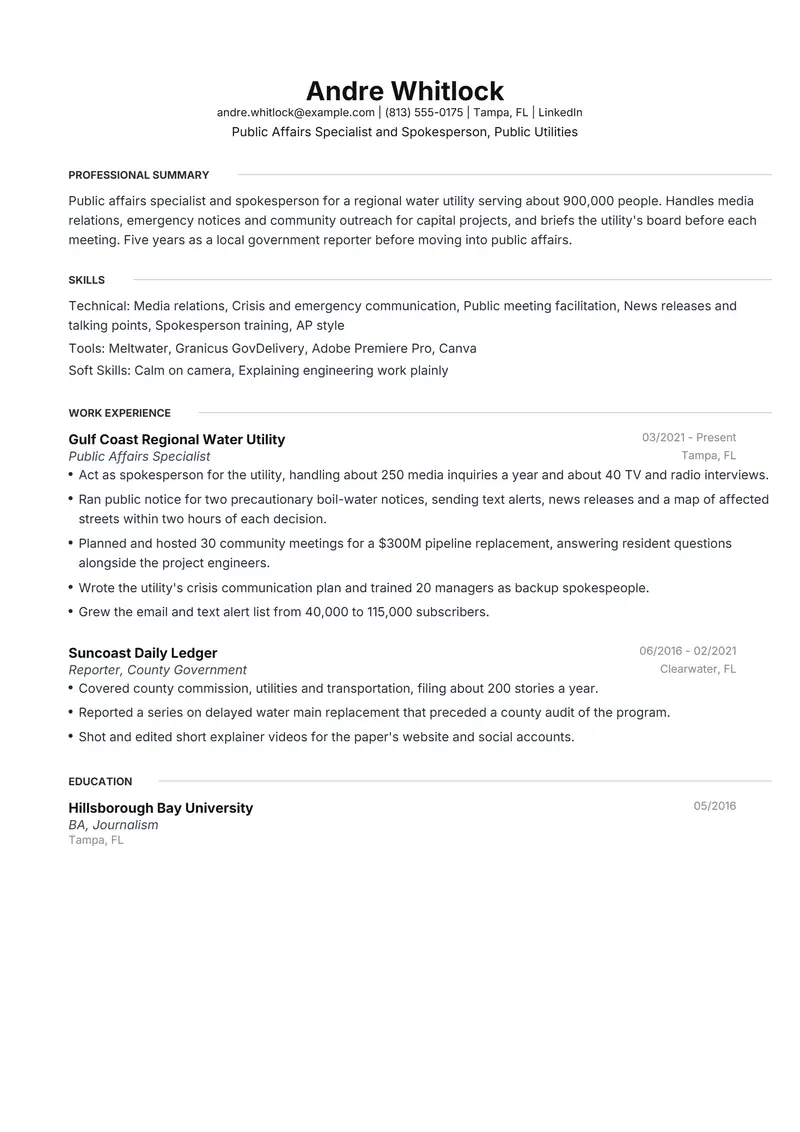 Public Affairs Specialist resume template sample in Meridian, page 1: fictional Public Affairs Specialist and Spokesperson, Public Utilities
