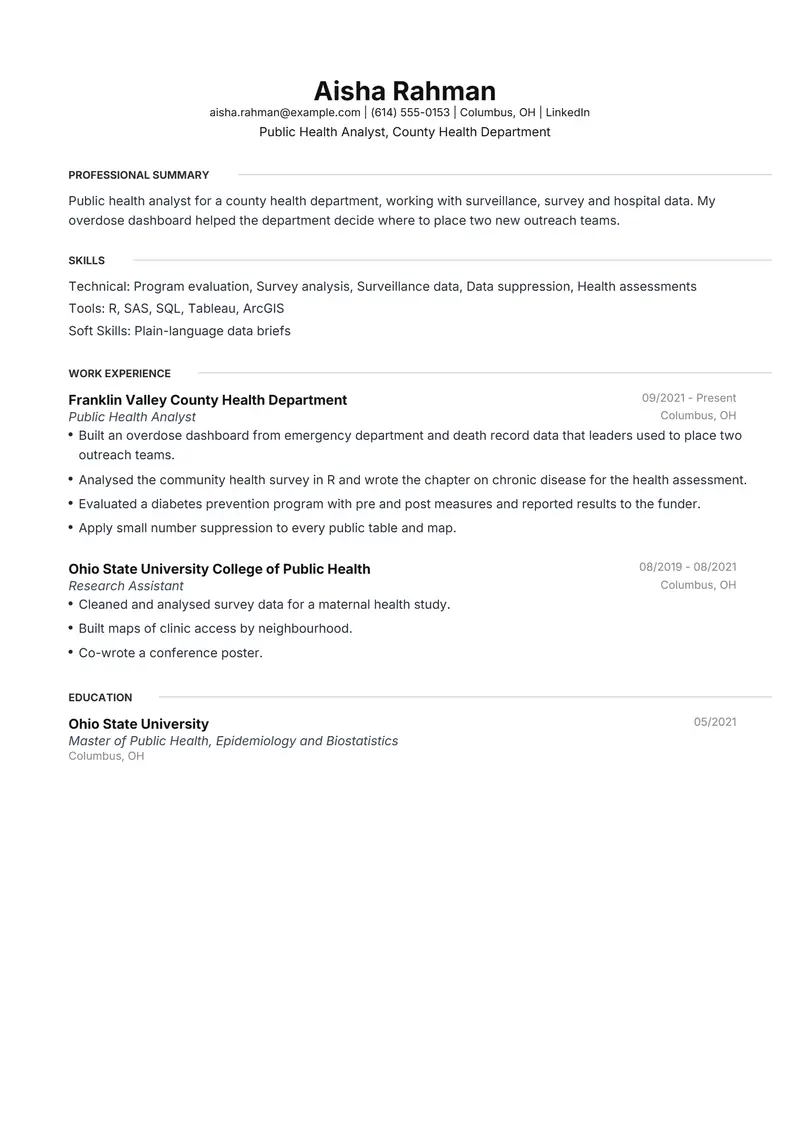 Public Health Analyst resume template sample in Meridian, page 1: fictional Public Health Analyst, County Health Department