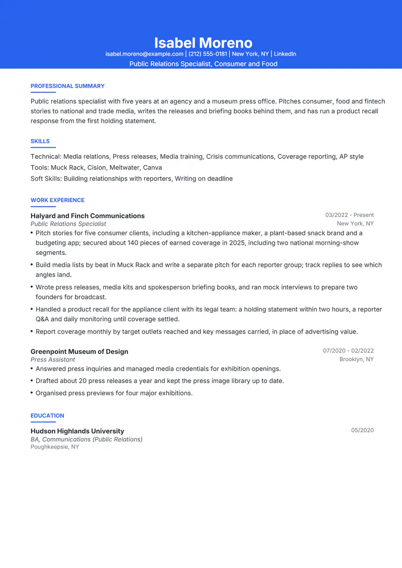 Public Relations Specialist resume template sample in Olivia, page 1: fictional Public Relations Specialist, Consumer and Food