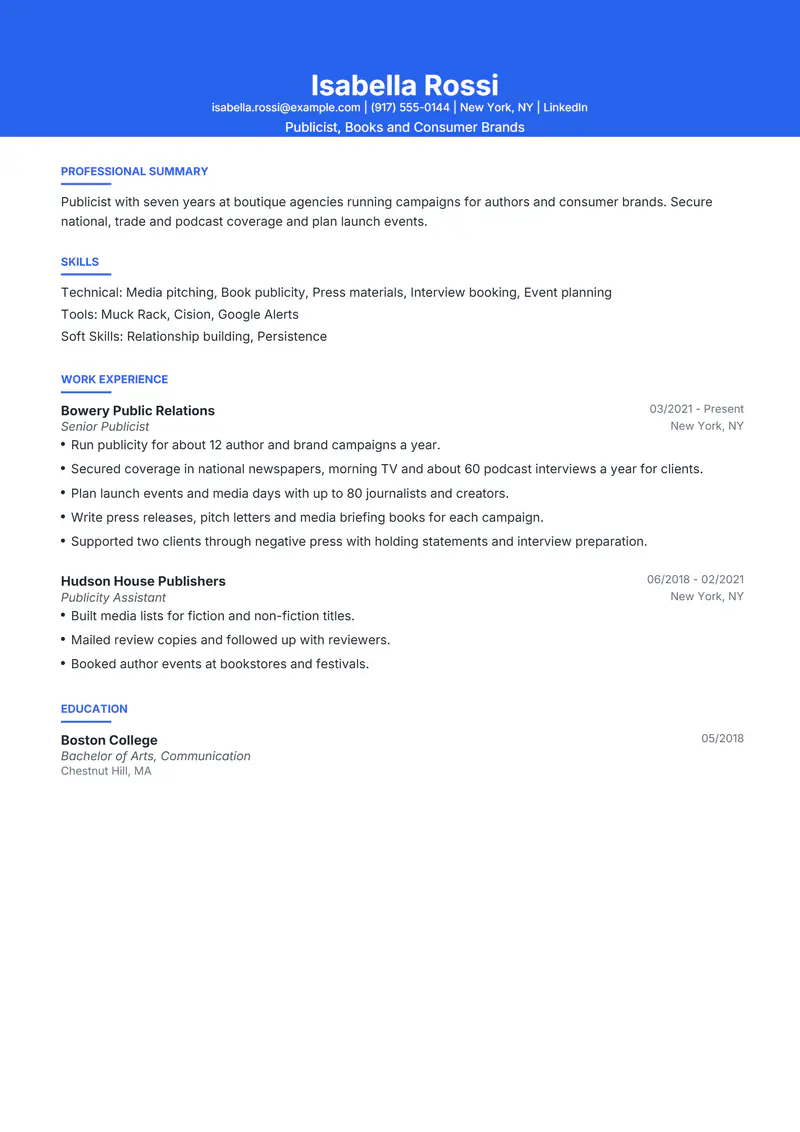 Publicist resume template sample in Olivia, page 1: fictional Publicist, Books and Consumer Brands