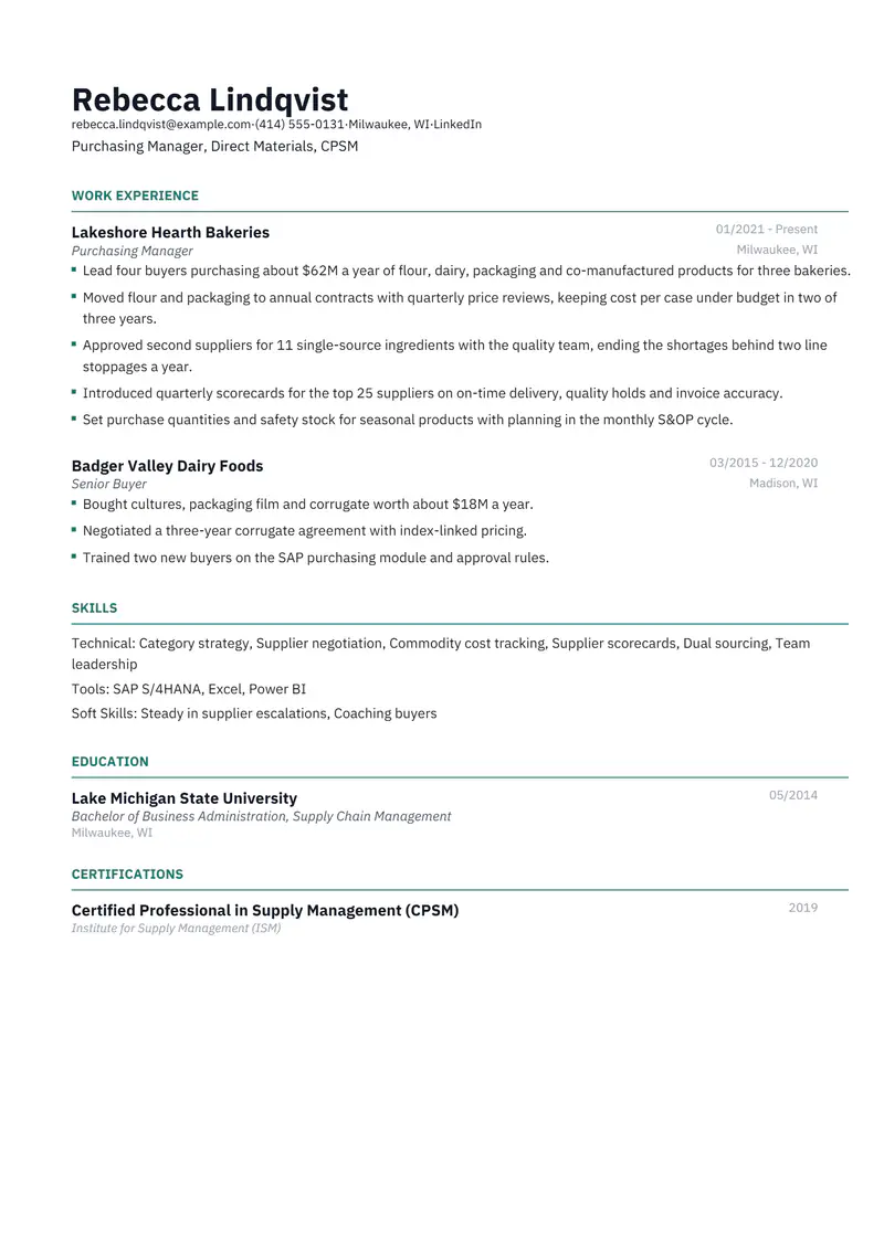 Purchasing Manager resume template sample in Catalyst, page 1: fictional Purchasing Manager, Direct Materials, CPSM