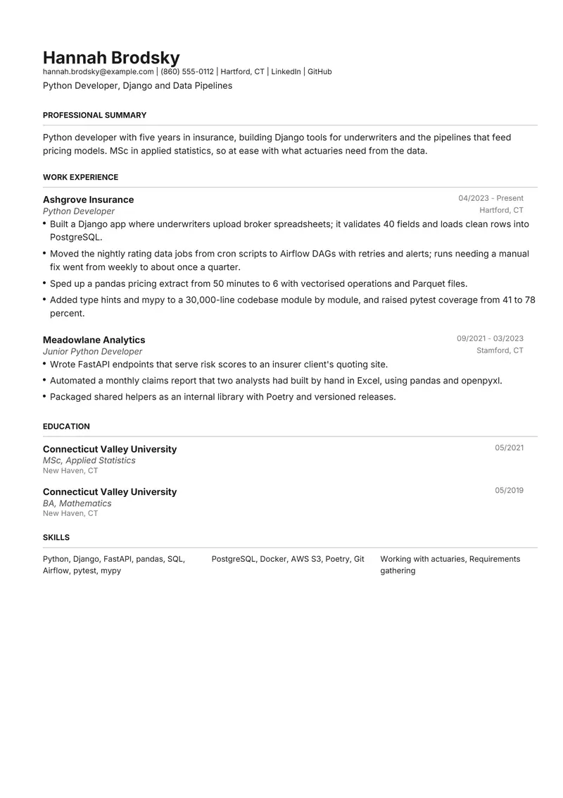 Python Developer resume template sample in Henrietta, page 1: fictional Python Developer, Django and Data Pipelines