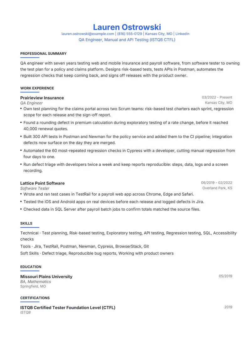 QA Engineer resume template sample in Leslie, page 1: fictional QA Engineer, Manual and API Testing (ISTQB CTFL)