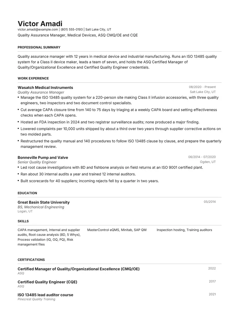Quality Assurance Manager resume template sample in Henrietta, page 1: fictional Quality Assurance Manager, Medical Devices, ASQ CMQ/OE and CQE