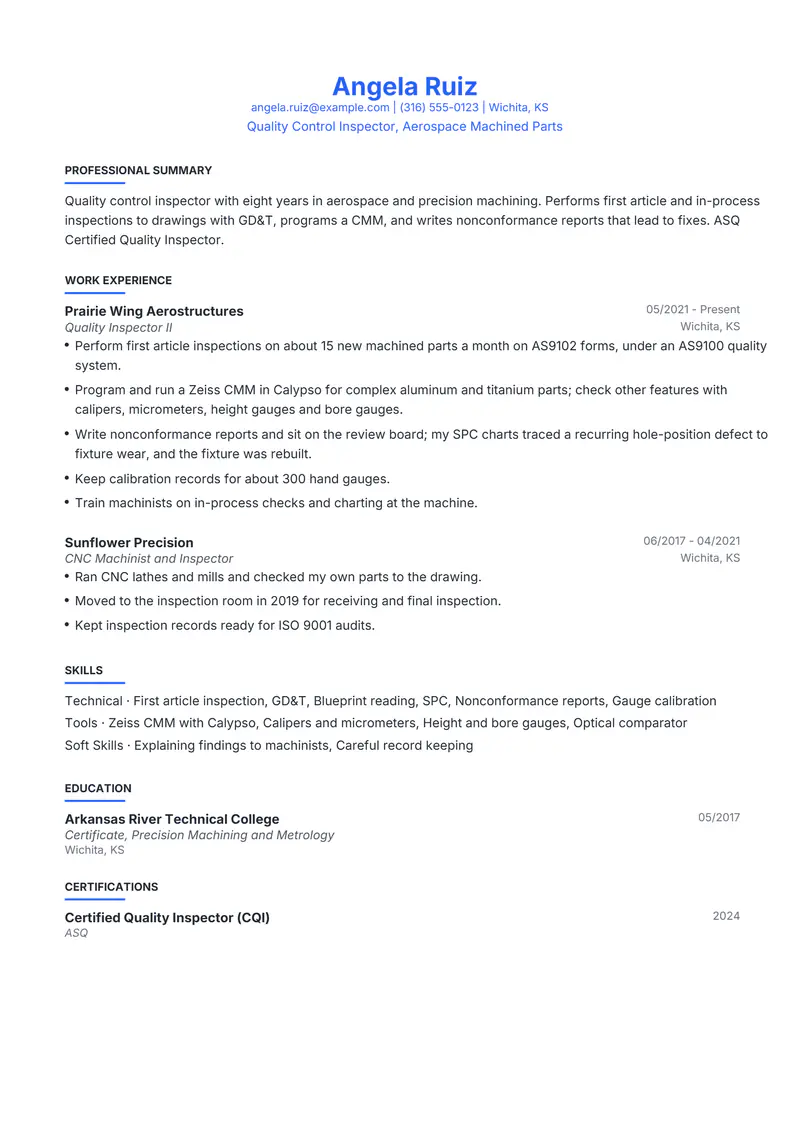 Quality Control Inspector resume template sample in Leslie, page 1: fictional Quality Control Inspector, Aerospace Machined Parts