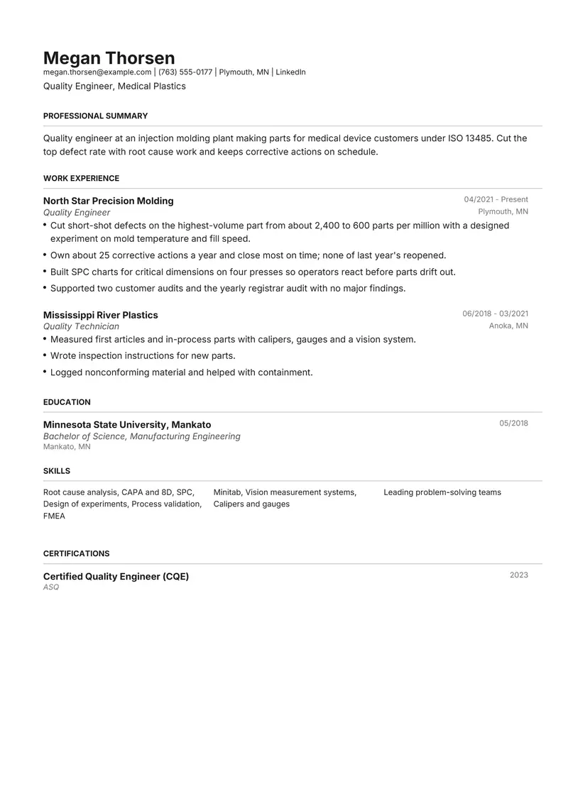 Quality Engineer resume template sample in Henrietta, page 1: fictional Quality Engineer, Medical Plastics
