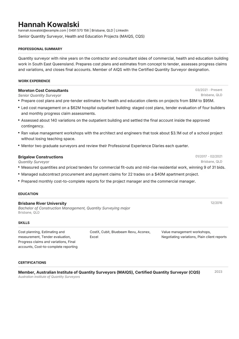 Quantity Surveyor resume template sample in Henrietta, page 1: fictional Senior Quantity Surveyor, Health and Education Projects (MAIQS, CQS)