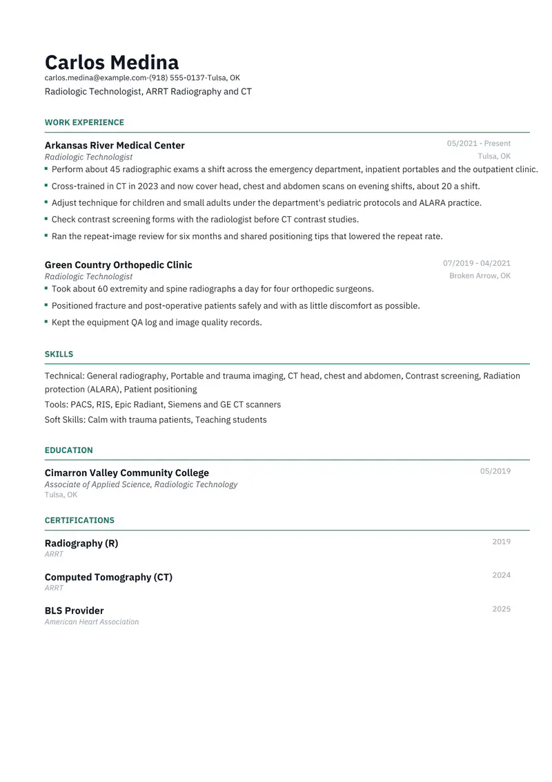 Radiologic Technologist resume template sample in Catalyst, page 1: fictional Radiologic Technologist, ARRT Radiography and CT