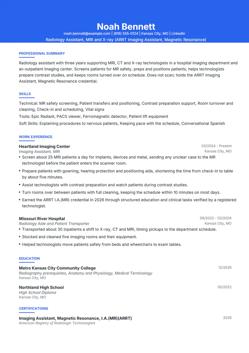 Radiology Assistant resume template sample in Olivia, page 1: fictional Radiology Assistant, MRI and X-ray (ARRT Imaging Assistant, Magnetic Resonance)