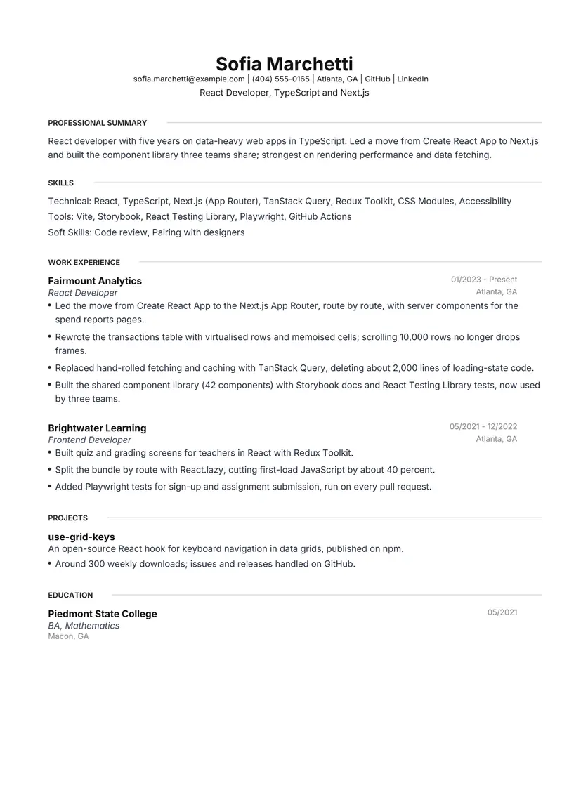 React Developer resume template sample in Meridian, page 1: fictional React Developer, TypeScript and Next.js