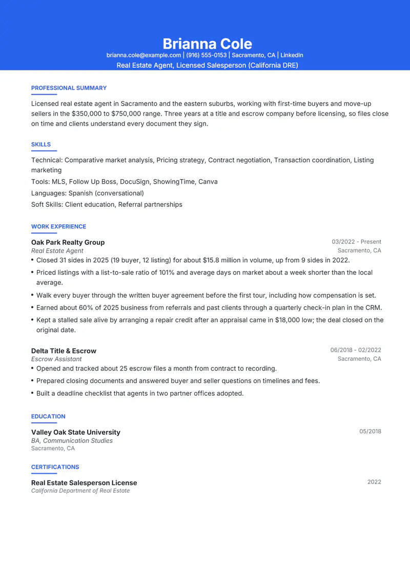Real Estate Agent resume template sample in Olivia, page 1: fictional Real Estate Agent, Licensed Salesperson (California DRE)