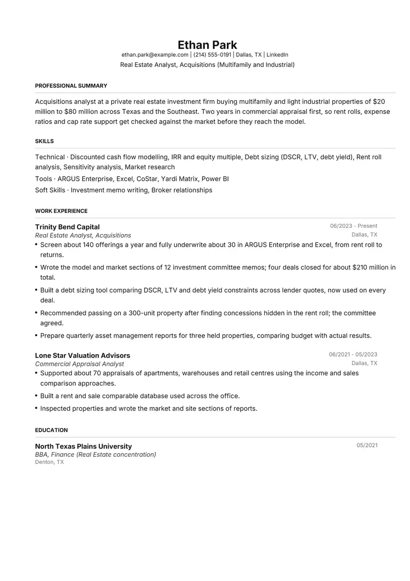 Real Estate Analyst resume template sample in FAANGPath, page 1: fictional Real Estate Analyst, Acquisitions (Multifamily and Industrial)