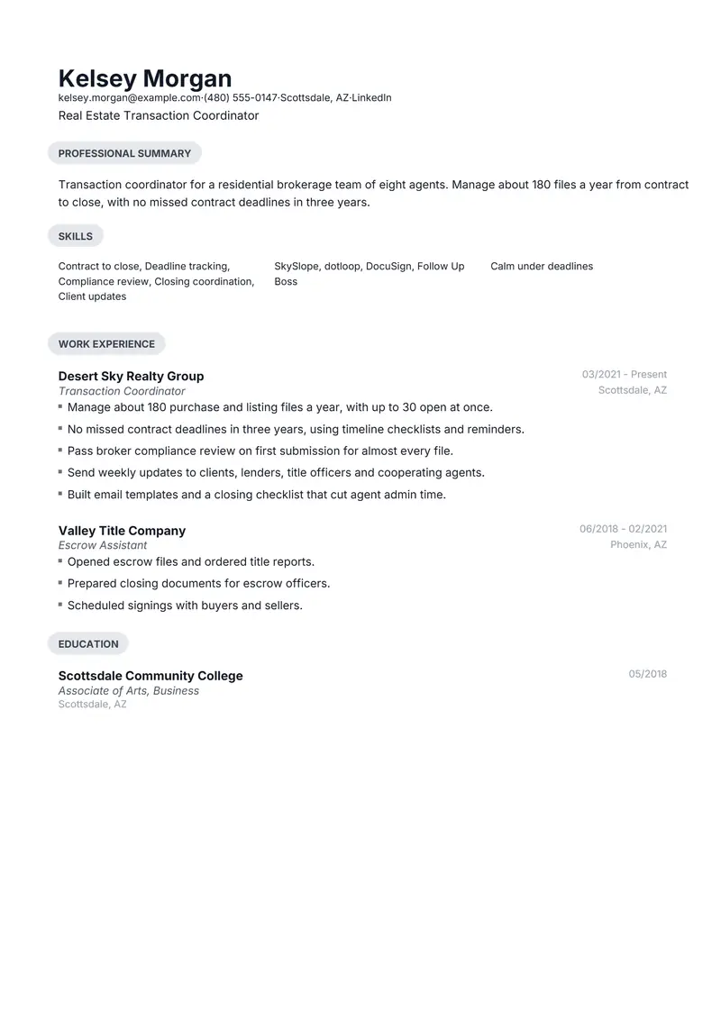 Real Estate Transaction Coordinator resume template sample in Daniel, page 1: fictional Real Estate Transaction Coordinator