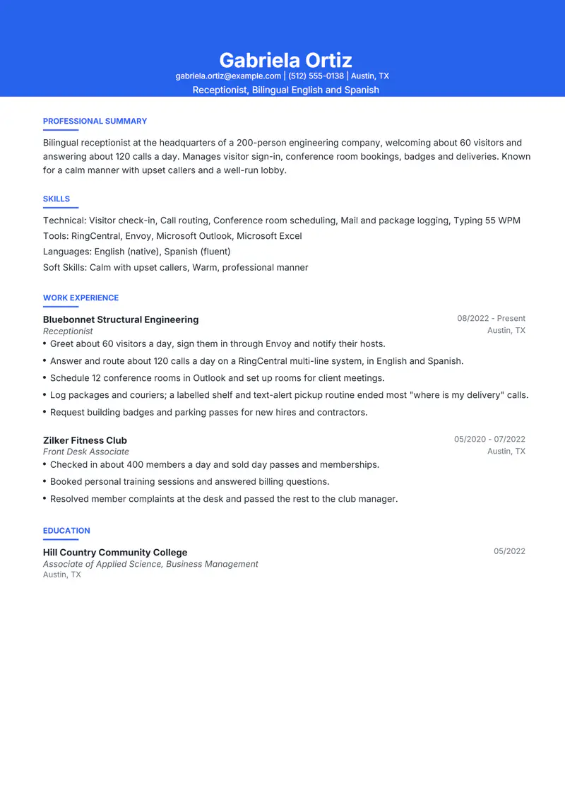 Receptionist resume template sample in Olivia, page 1: fictional Receptionist, Bilingual English and Spanish