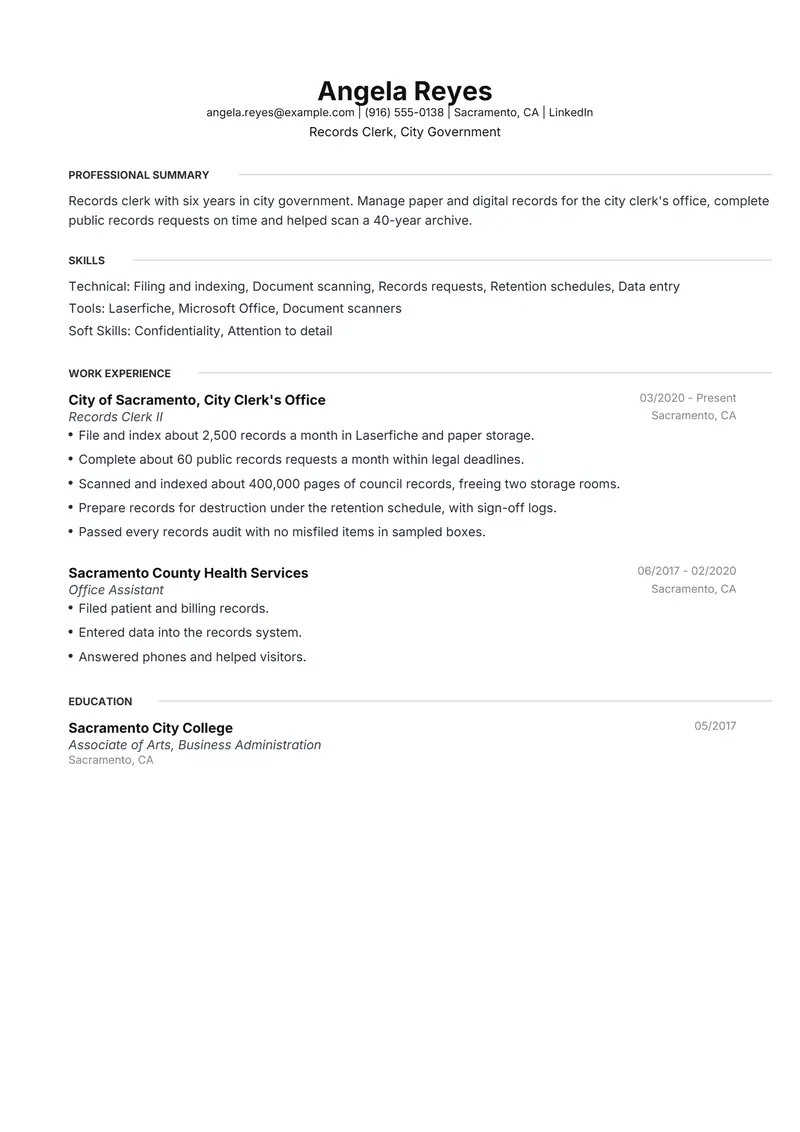 Records Clerk resume template sample in Meridian, page 1: fictional Records Clerk, City Government