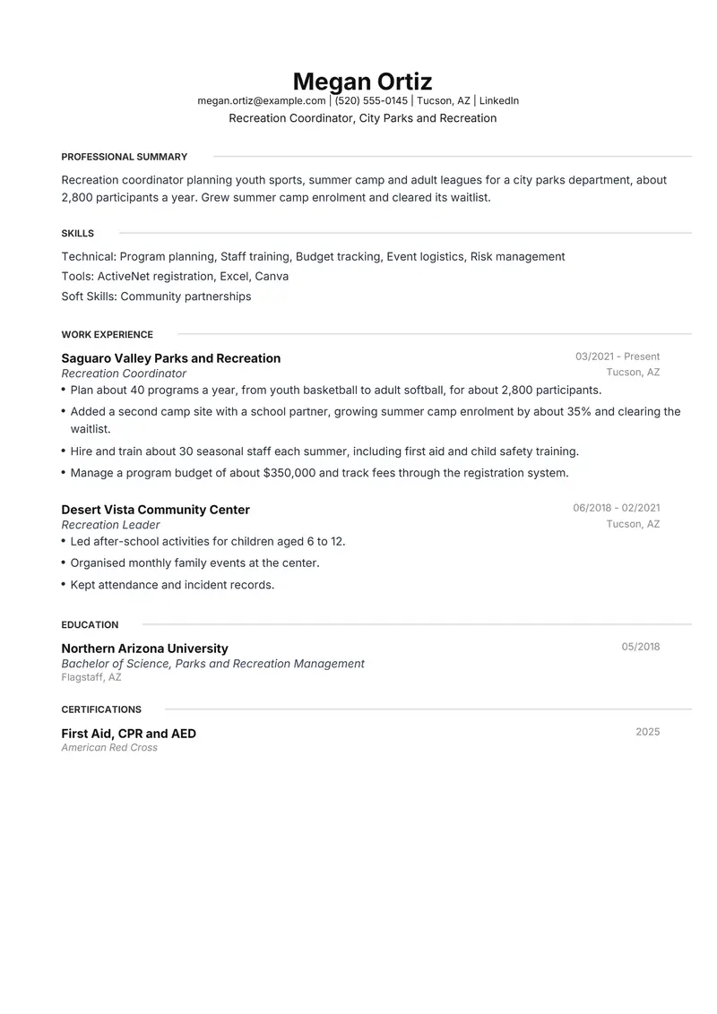 Recreation Coordinator resume template sample in Meridian, page 1: fictional Recreation Coordinator, City Parks and Recreation