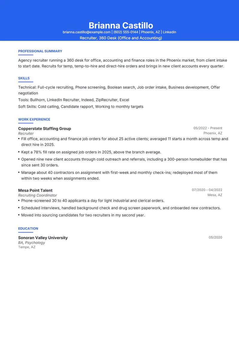 Recruiter resume template sample in Olivia, page 1: fictional Recruiter, 360 Desk (Office and Accounting)