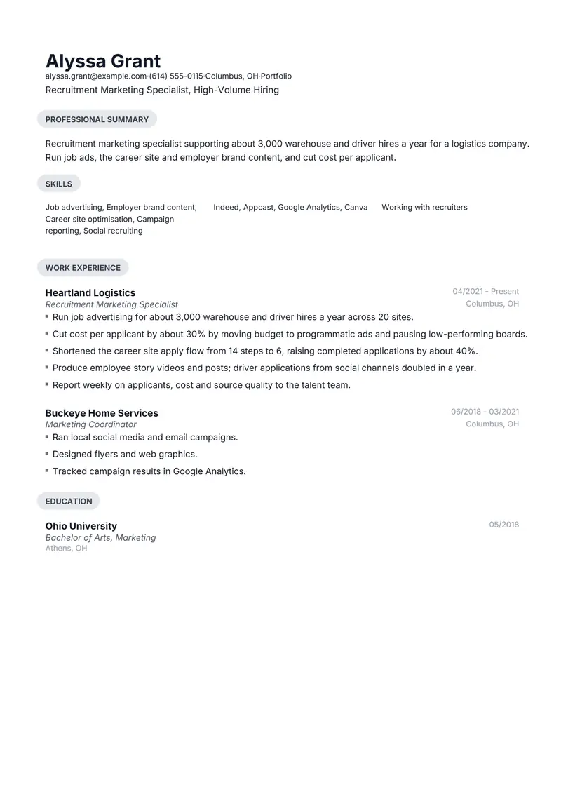 Recruitment Marketing Specialist resume template sample in Daniel, page 1: fictional Recruitment Marketing Specialist, High-Volume Hiring
