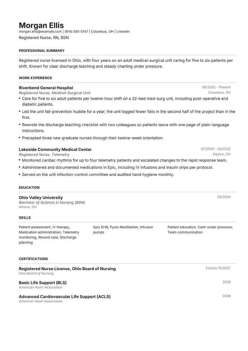 Registered Nurse resume template sample in Henrietta, page 1: fictional Registered Nurse, RN, BSN