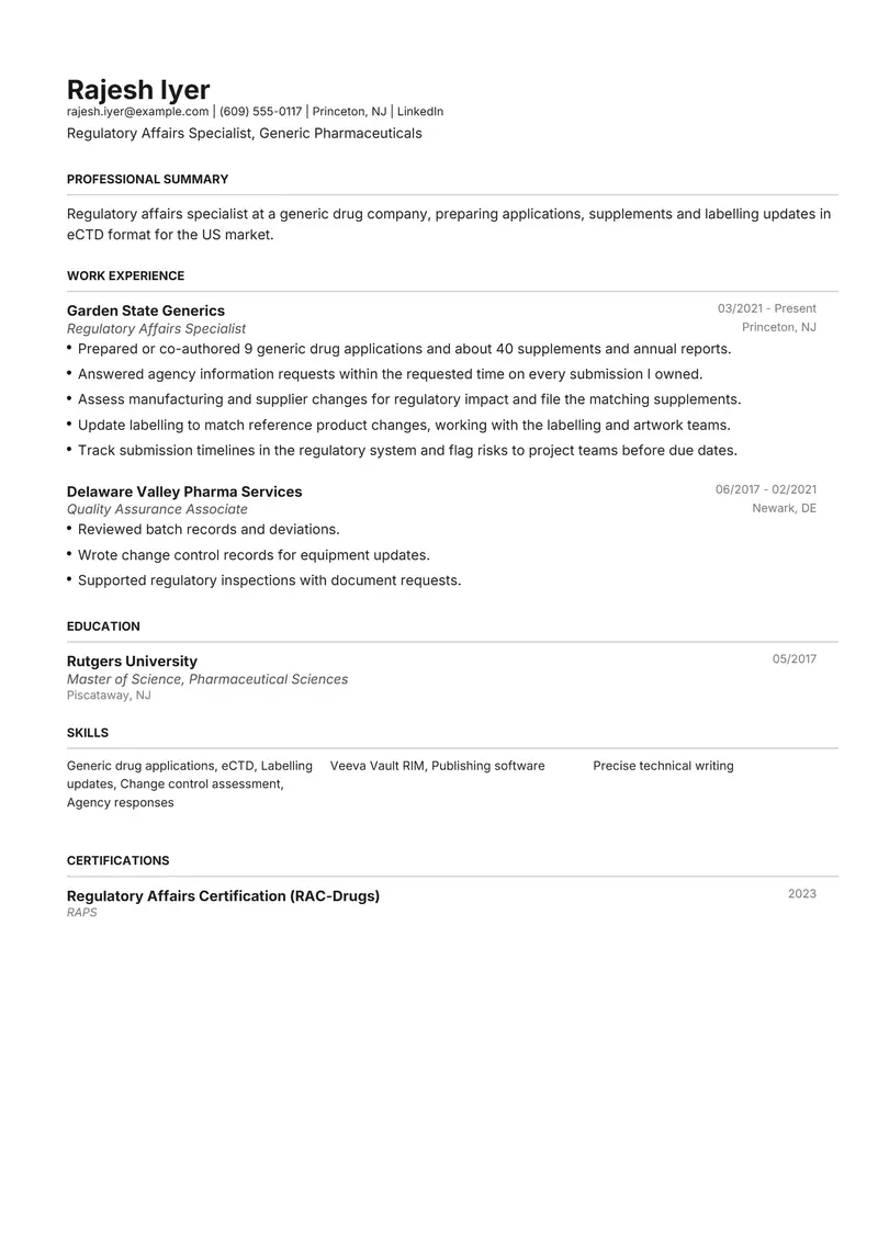 Regulatory Affairs Specialist resume template sample in Henrietta, page 1: fictional Regulatory Affairs Specialist, Generic Pharmaceuticals