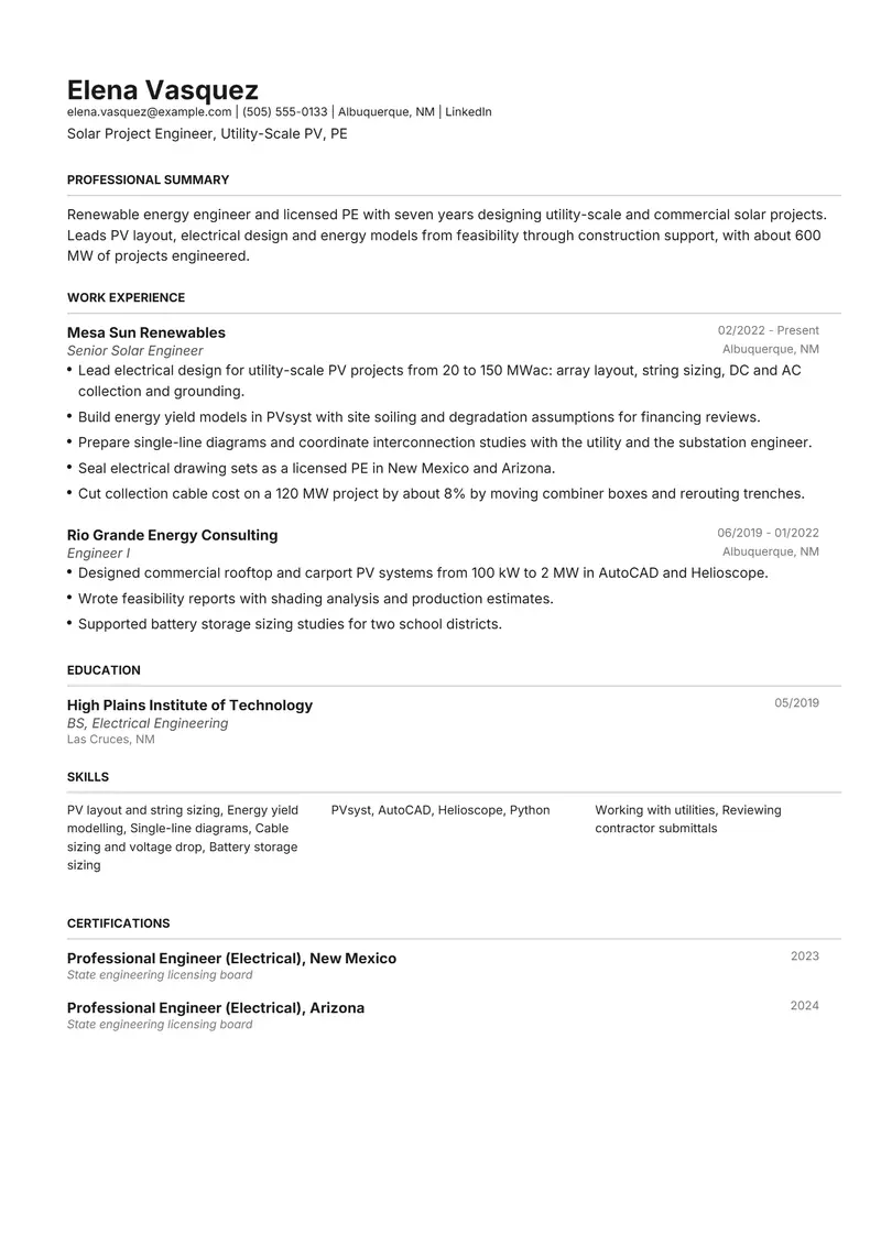 Renewable Energy Engineer resume template sample in Henrietta, page 1: fictional Solar Project Engineer, Utility-Scale PV, PE