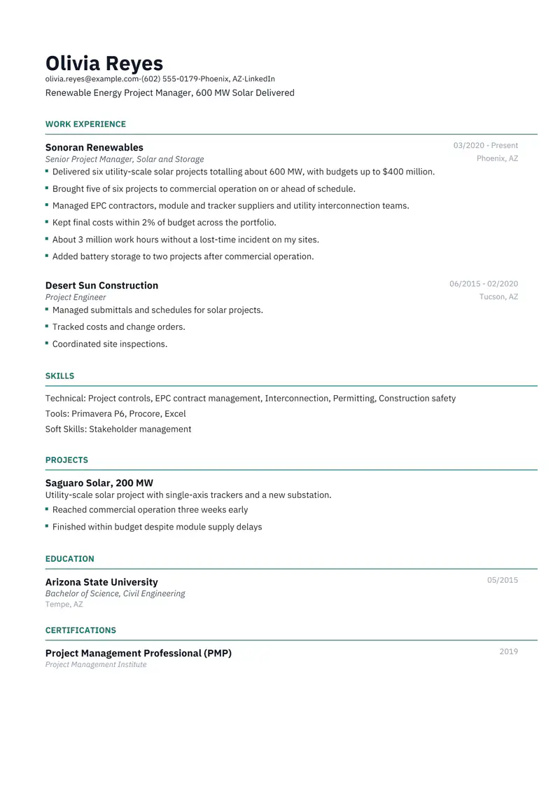 Renewable Energy Project Manager resume template sample in Catalyst, page 1: fictional Renewable Energy Project Manager, 600 MW Solar Delivered